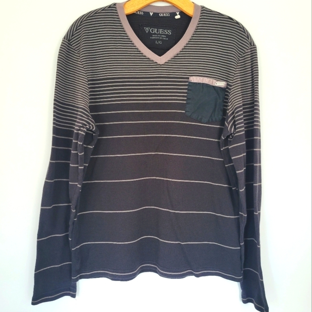Guess V-Neck Black Striped Long Sleeve Sweatshirt Mens Size L
